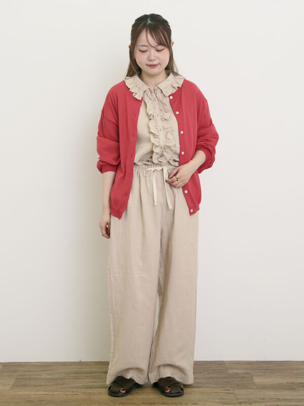 【Cross×Linen】フリルブラウス　サマンサモスモス　レッド セール】 【Cross×Linen】フリルブラウス（ブラック/レッド