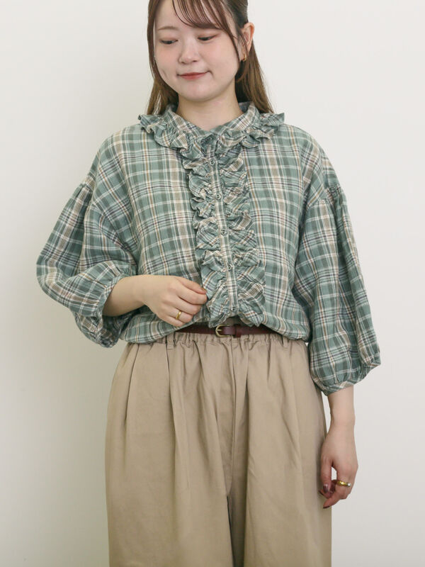 サマンサモスモスフリルブラウス セール】 【Cross×Linen】フリルブラウス（ブラック/レッド