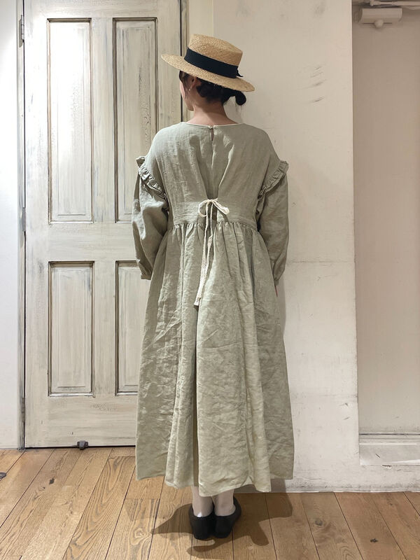 立川限定】リネン袖フリルウエスト切替ワンピース（グリーン