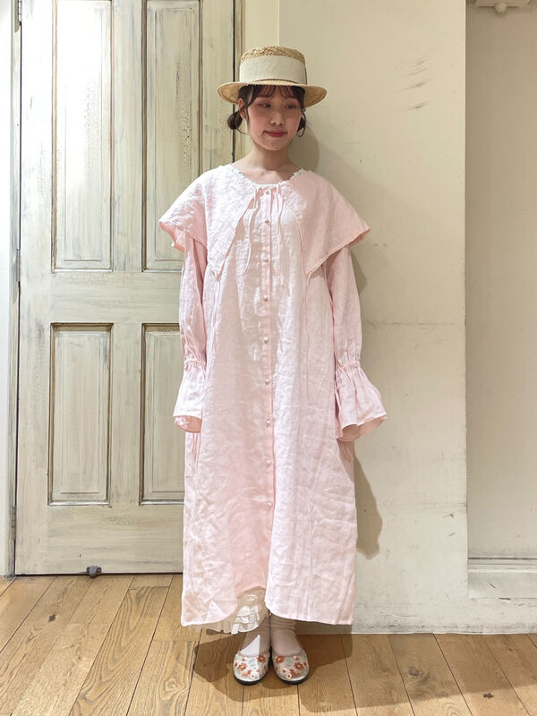 立川店/EC限定】リネンビッグカラーワンピース（ブラック/ピンク