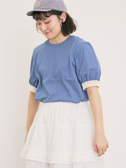【汗染み防止】袖口レースパフスリーブTシャツ（オフホワイト/チャコールグレー/ブルー/キナリ）｜Samansa Mos2（サマンサ モスモス）通販