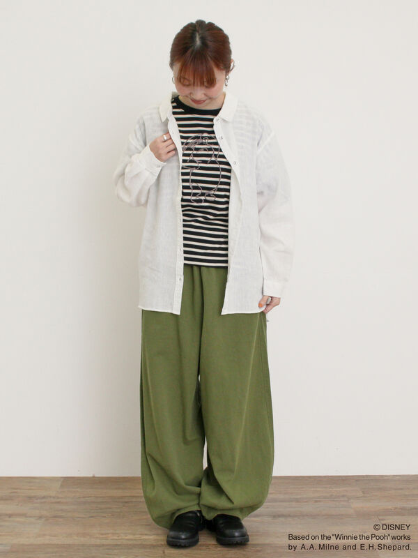 プププのプーさん　2点　OMスカート セール】 【Disney】くまのプーさん/肩フリルボーダーカットソー