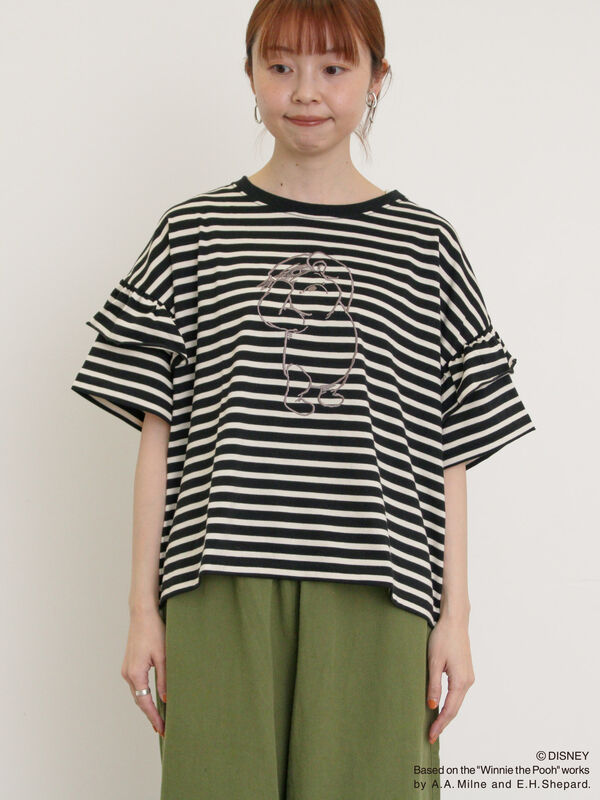 PEARLY GATES くまのプーさん 白/黒ボーダーニット　サイズ5 美品 セール】 【Disney】くまのプーさん/肩フリルボーダーカットソー