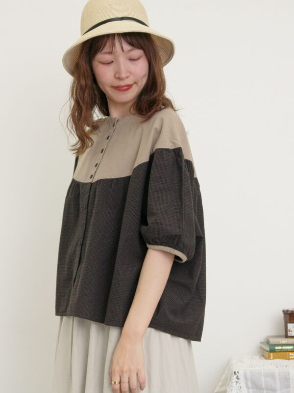 セール】 配色ドルマンブラウス（ダークブラウン/ブルー/キナリ