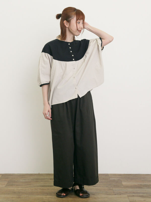 セール】 配色ドルマンブラウス（ダークブラウン/ブルー/キナリ