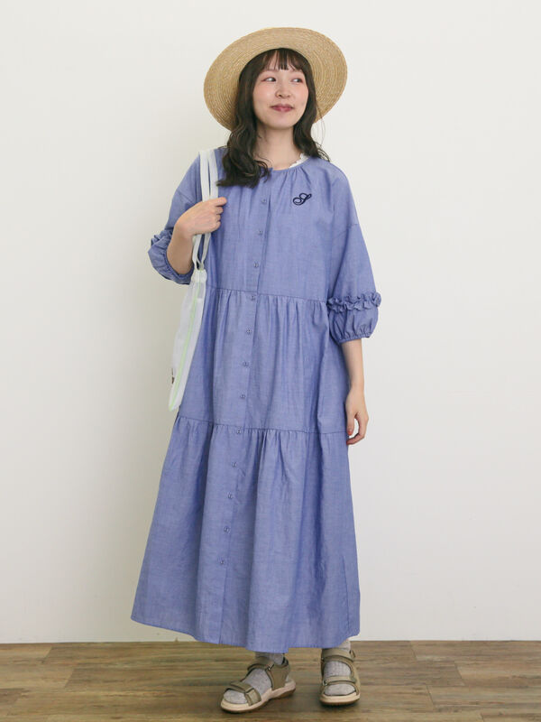 S/Mサイズ】イニシャル刺繍7分袖ティアードワンピース S/Mサイズ】イニシャル刺繍7分袖ティアードワンピース