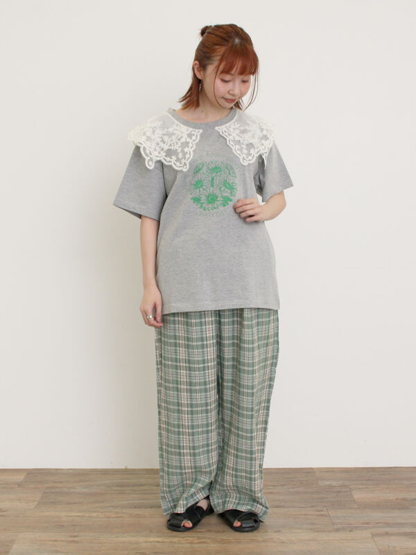 セール】 シアーレース襟付Tシャツ（オフホワイト/グレー