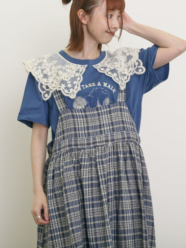 れさま セール】 シアーレース襟付Tシャツ（オフホワイト/グレー