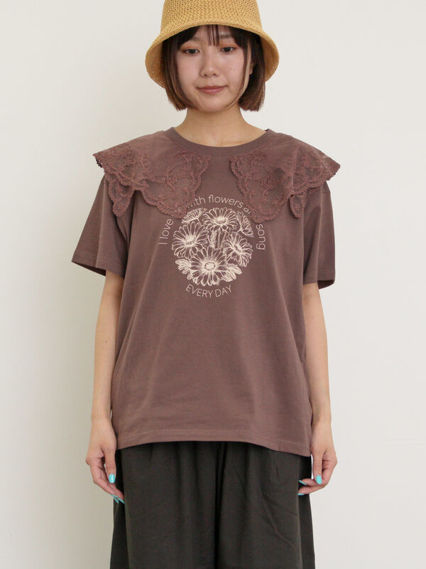 セール】 シアーレース襟付Tシャツ（オフホワイト/グレー