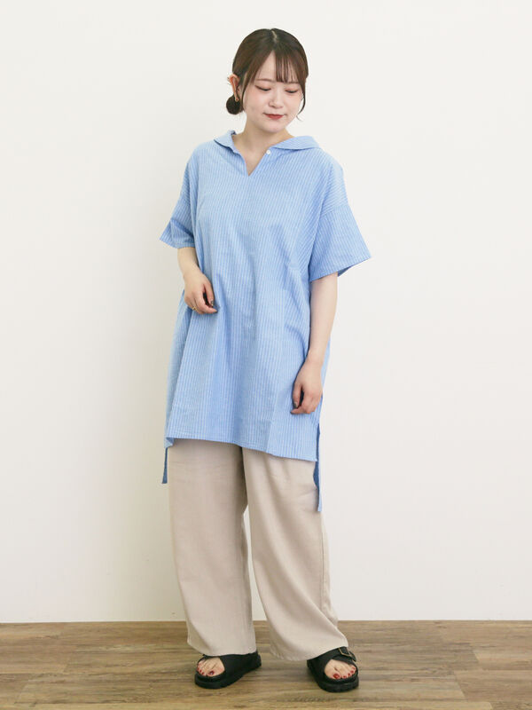 セール】 【クールコットン】柄アソートスキッパーチュニック（オフ