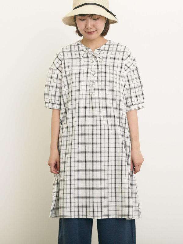 セール】 【クールコットン】編み上げ前後2WAYチュニック（オフ