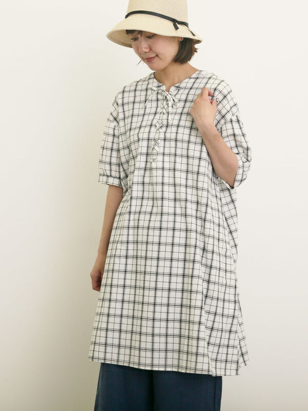 セール】 【クールコットン】編み上げ前後2WAYチュニック（オフ