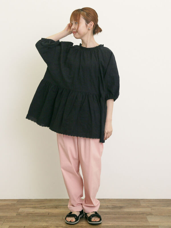 セール】 【M/Lサイズ】麻混ストレッチテーパードパンツ（ブラック