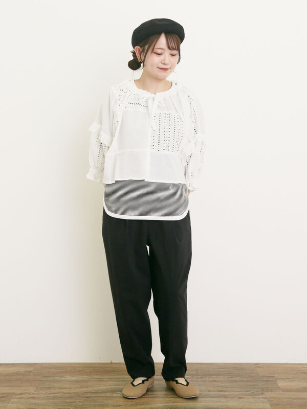 セール】 【M/Lサイズ】麻混ストレッチテーパードパンツ（ブラック