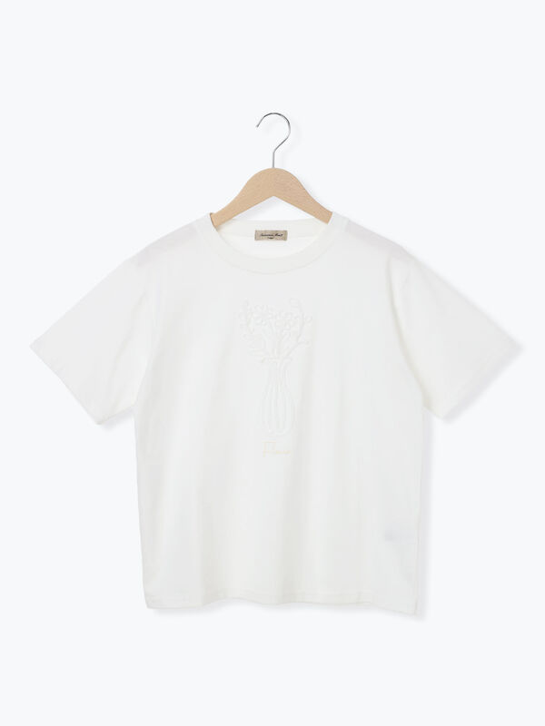 セール】 花瓶柄コード刺繍Tシャツ（オフホワイト/ブラック/ベージュ