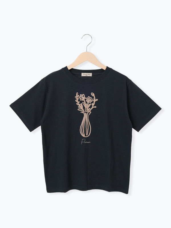 セール】 花瓶柄コード刺繍Tシャツ（オフホワイト/ブラック/ベージュ