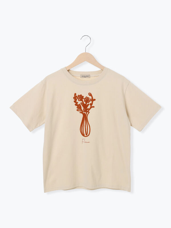 セール】 花瓶柄コード刺繍Tシャツ（オフホワイト/ブラック