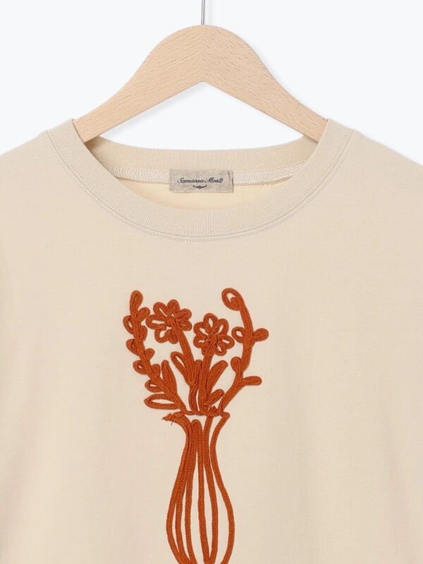 セール】 花瓶柄コード刺繍Tシャツ（オフホワイト/ブラック/ベージュ