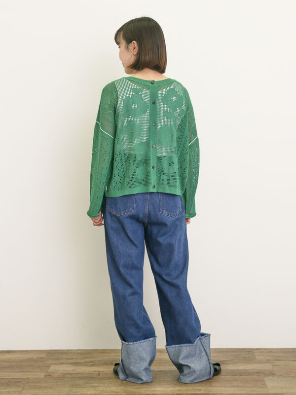 セール】 透かし柄編みライン入り前後2WAYニット（ブラック/グリーン