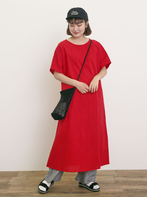 セール】 【S/Mサイズ】◎綿麻ワンピース（ブラック/レッド