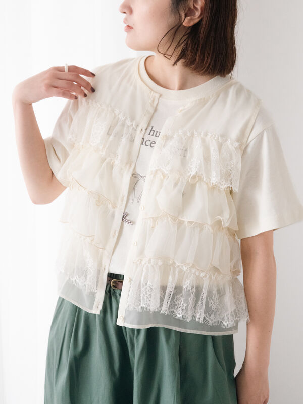 セール】 異素材フリルベスト（ブラック/ベージュ/キナリ/アウター