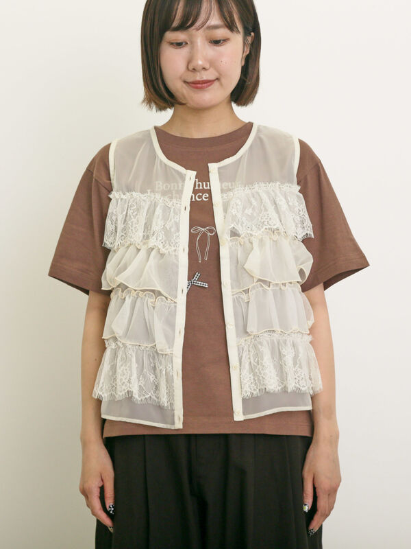 セール】 異素材フリルベスト（ブラック/ベージュ/キナリ/アウター