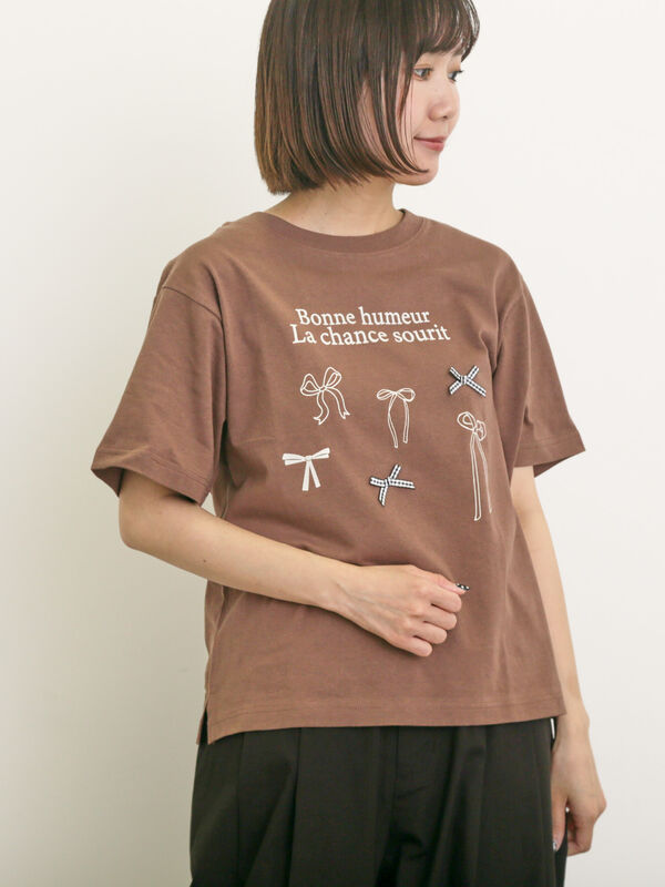 セール】 リボンTシャツ（オフホワイト/ブラック/ブラウン/キナリ