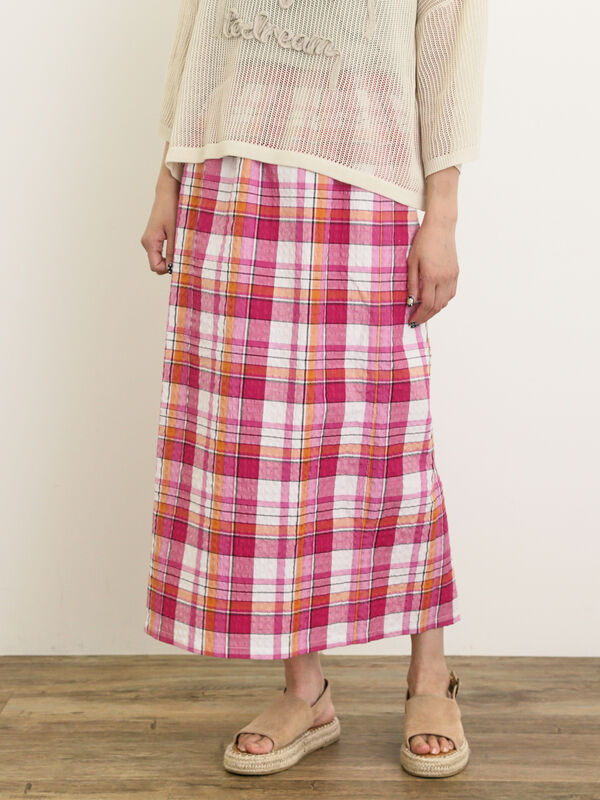 セール】 【UVカット】チェック柄ナロースカート（グレー/ピンク