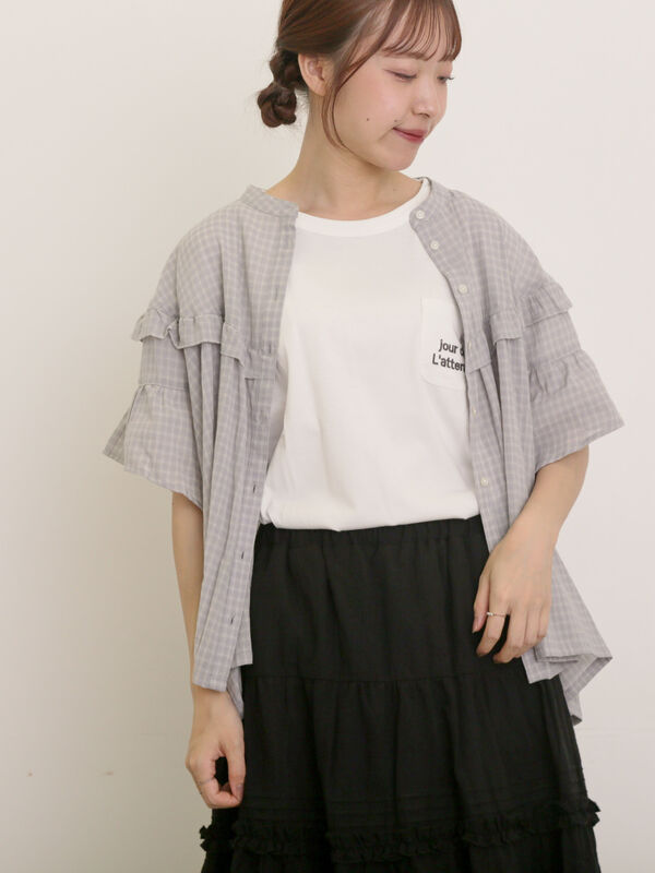 セール】 フリル切替ブラウス（オフホワイト/グレー/ブラック/ベージュ
