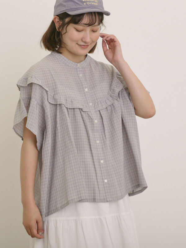 セール】 フリル切替ブラウス（オフホワイト/グレー/ブラック/ベージュ