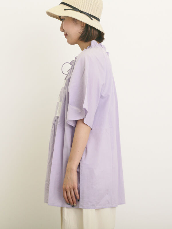 セール】 パッチワーク刺繍チュニックブラウス（ブラック/ラベンダー