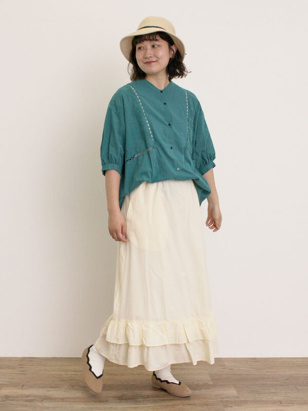 セール】 レース切替バンドカラーブラウス（オフホワイト/ブラック