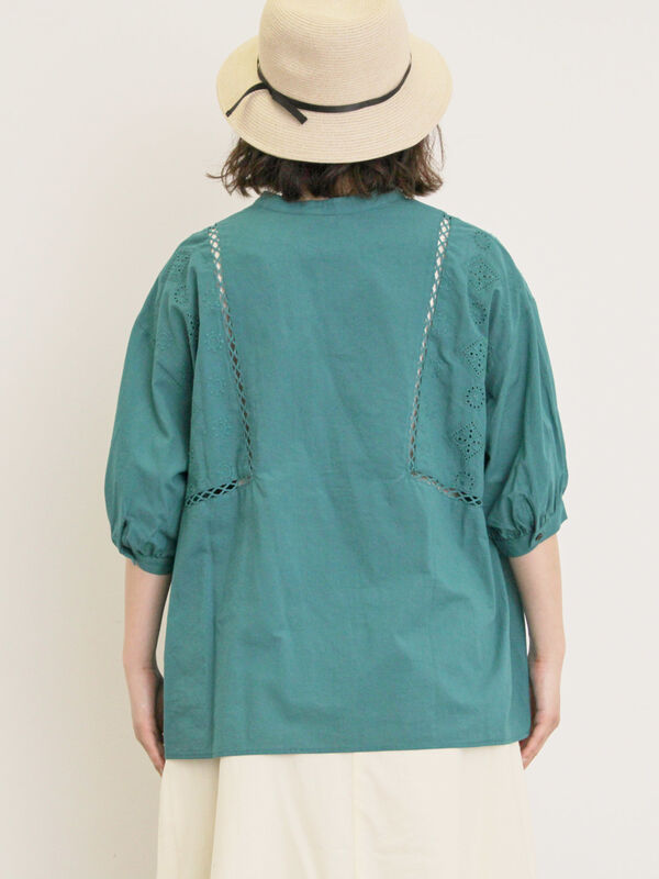 セール】 レース切替バンドカラーブラウス（オフホワイト/ブラック