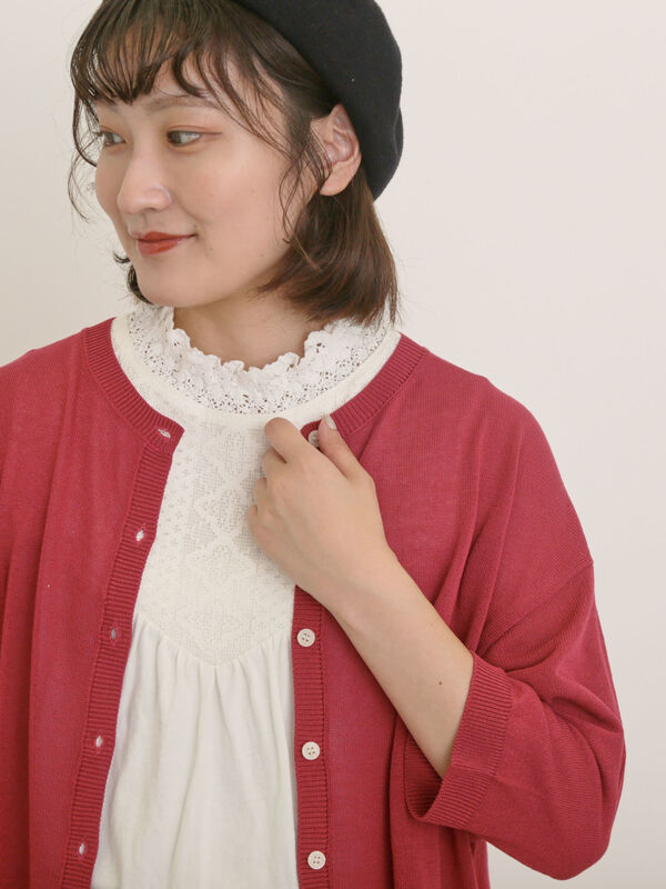 [接触冷感]花刺繍七分袖クルーネックカーディガン（ブラック/レッド/イエロー/グリーン/パープル/キナリ）｜Samansa Mos2（サマンサ モスモス）通販