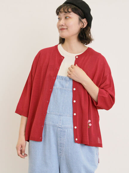 [接触冷感]花刺繍七分袖クルーネックカーディガン（ブラック/レッド/イエロー/グリーン/パープル/キナリ）｜Samansa Mos2（サマンサ モスモス）通販