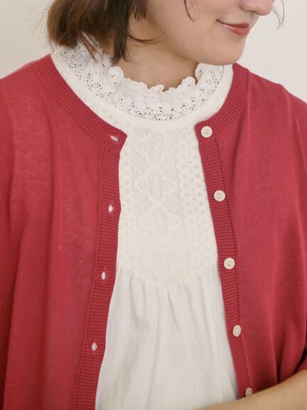 [接触冷感]花刺繍七分袖クルーネックカーディガン（ブラック/レッド/イエロー/グリーン/パープル/キナリ）｜Samansa Mos2（サマンサ モスモス）通販