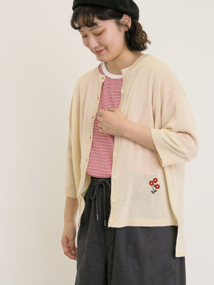 [接触冷感]花刺繍七分袖クルーネックカーディガン（ブラック/レッド/イエロー/グリーン/パープル/キナリ）｜Samansa Mos2（サマンサ モスモス）通販