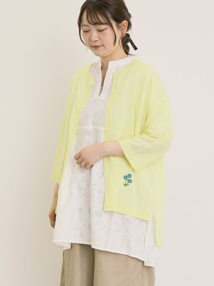 [接触冷感]花刺繍七分袖クルーネックカーディガン（ブラック/レッド/イエロー/グリーン/パープル/キナリ）｜Samansa Mos2（サマンサ モスモス）通販