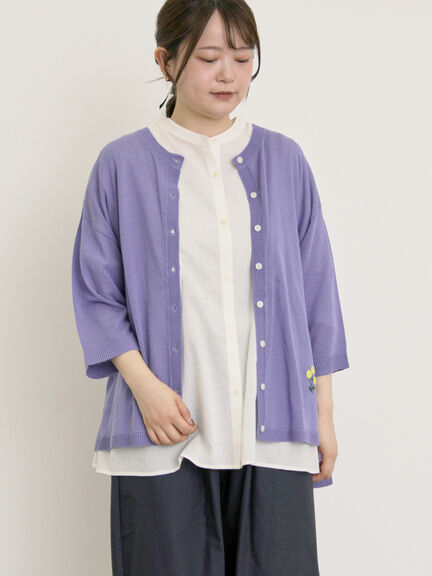 [接触冷感]花刺繍七分袖クルーネックカーディガン（ブラック/レッド/イエロー/グリーン/パープル/キナリ）｜Samansa Mos2（サマンサ モスモス）通販