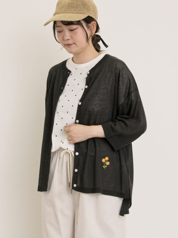 セール】 [接触冷感]花刺繍七分袖クルーネックカーディガン