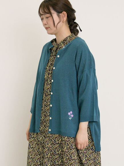 [接触冷感]花刺繍七分袖クルーネックカーディガン（ブラック/レッド/イエロー/グリーン/パープル/キナリ）｜Samansa Mos2（サマンサ モスモス）通販