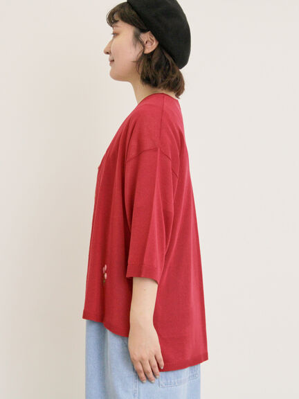 [接触冷感]花刺繍七分袖クルーネックカーディガン（ブラック/レッド/イエロー/グリーン/パープル/キナリ）｜Samansa Mos2（サマンサ モスモス）通販