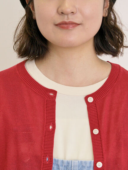 [接触冷感]花刺繍七分袖クルーネックカーディガン（ブラック/レッド/イエロー/グリーン/パープル/キナリ）｜Samansa Mos2（サマンサ モスモス）通販