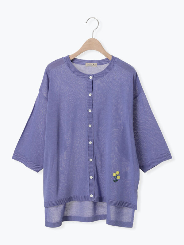 接触冷感]花刺繍七分袖クルーネックカーディガン（ブラック