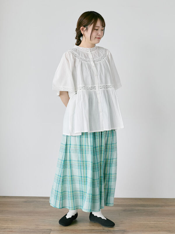 セール】 インドボイルチェック柄ギャザースカート（ベージュ/グリーン