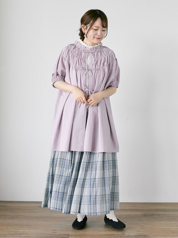 セール】 インドボイルチェック柄ギャザースカート（ベージュ/グリーン