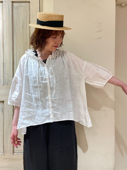 【立川限定】リネン前開きフリルブラウス（オフホワイト/ブラック/サックスブルー/キナリ）｜Samansa Mos2（サマンサ モスモス）通販