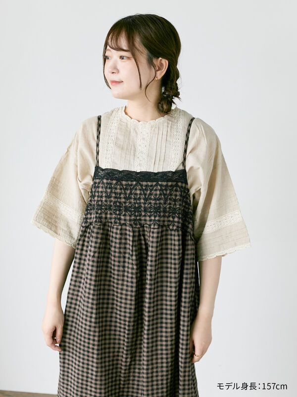 サマンサモスモスkazumiモカギンガムチェック刺繍キャミワンピース サマンサモスモス kazumi キャミワンピース モカ ギンガム