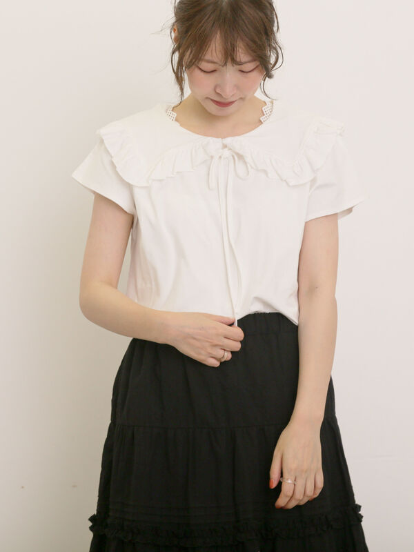 セール】 セーラー襟Tシャツ（オフホワイト/ネイビー/キナリ/トップス