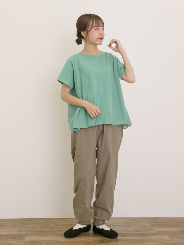 ②ぽろん★新品★サマンサモスモス★モカ＊裾スカラップ＊レースギャザーパンツ M/Lサイズ】綿麻裾ギャザーレースパンツ（ブラック/モカ/キナリ